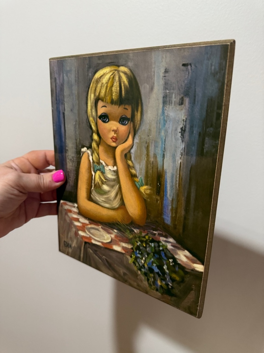 Vintage Lithograph on Board by Eden titled “Pensive. “Big Eye” 60’s style. - Picture 7 of 12